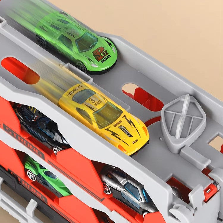 Toy car carrier with toy cars on a beige background